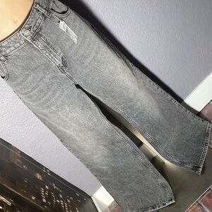 TOPSHOP - NWT - jeans: grey denim wash flared button / zip, belts hoops - 34/30